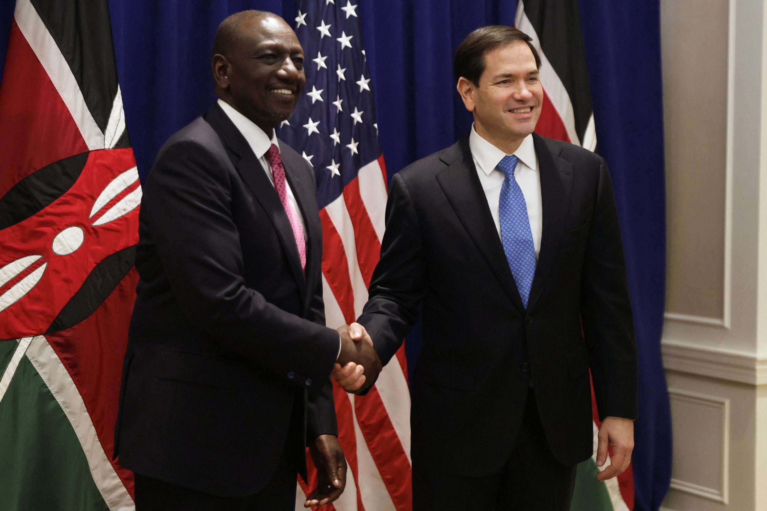 US Secretary of State Marco Rubio and Kenyan President William Ruto shake hands before their meeting at the United Nations General Assembly, in New York, US, in September 2025.