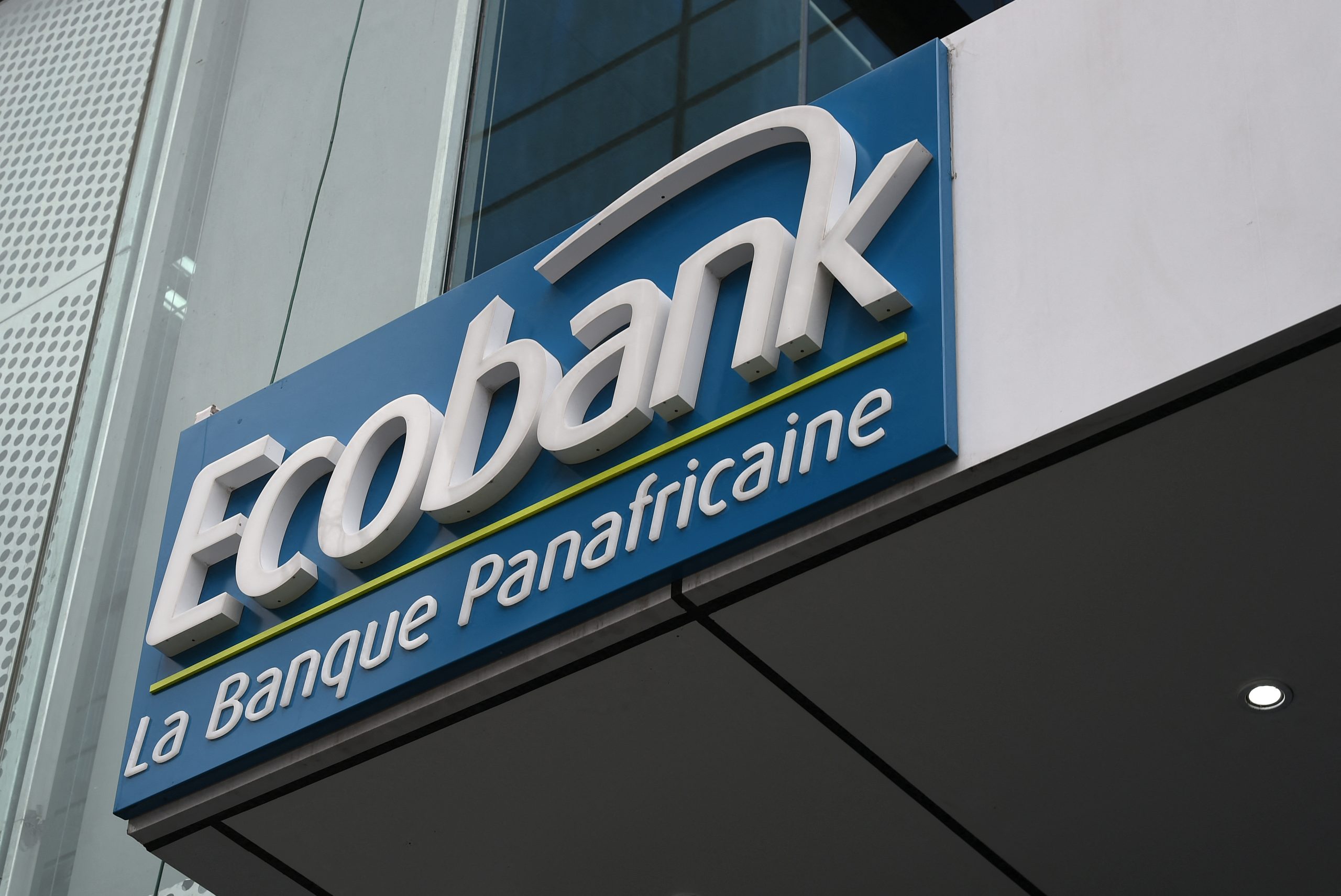 The Ecobank logo during the inauguration of the bank’s new headquarters in Abidjan on 10 July 2015.