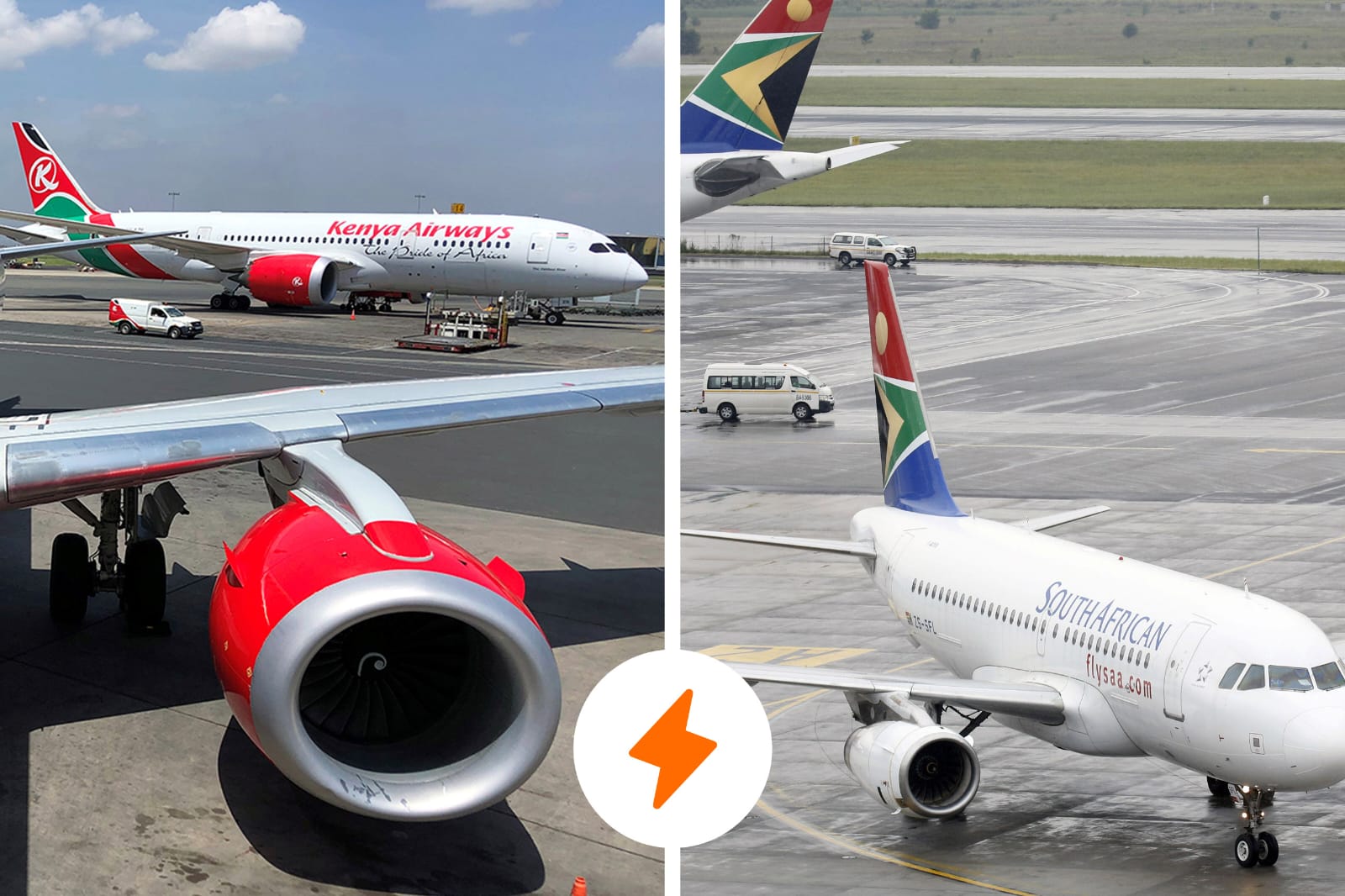 A Kenya Airways plane at the Jomo Kenyatta International Airport in Nairobi, and a South African Airways plane at O.R. Tambo International Airport in Johannesburg.