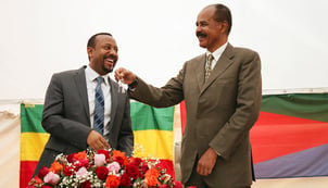 Eritrea’s President Isaias Afwerki (R) with Ethiopia’s Prime Minister Abiy Ahmed in Asmara on 10 October 2024.