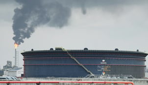 A crude oil tank at the Dangote Industries oil refinery and fertiliser plant in Lekki on 2 March 2026.