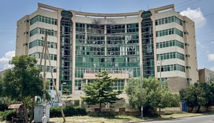 A general view of the damaged building housing Tigray TV, the state broadcaster of Ethiopia’s Tigray region, following a drone strike in Mekelle on 27 September 2026.