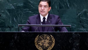 Morocco’s minister of foreign affairs, Nasser Bourita, speaks during the 81st United Nations General Assembly at the United Nations Headquarters in New York, on 22 September 2026.