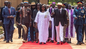 President William Ruto (centre right) walks alongside Ida Odinga and her children, Raila Odinga Junior, Winnie and Rosemary, at Kang’o ka Jaramogi in Bondo, Siaya County, on 7 October 2026. Prime Cabinet Secretary Musalia Mudavadi (far left) is also pictured. The event marked the handover of the mausoleum of the late former prime minister Raila Odinga.