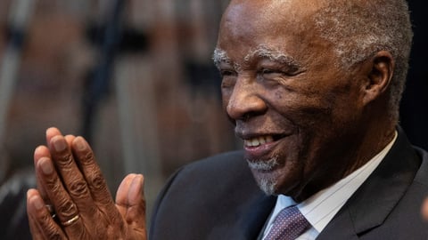 Former South African president Thabo Mbeki gestures during a special ceremonial sitting of the Constitutional Court, August 2024.