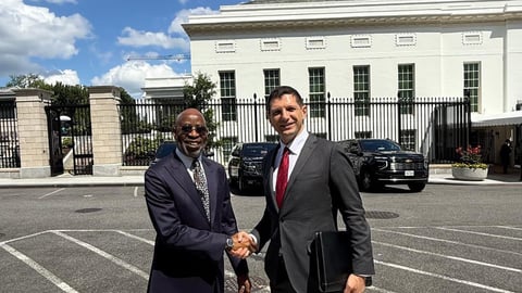 Dele Alake (left), Nigeria’s minister of solid minerals development, with David Copley, special assistant to the US president, outside the White House in Washington after talks on US-Nigeria cooperation in critical minerals.
