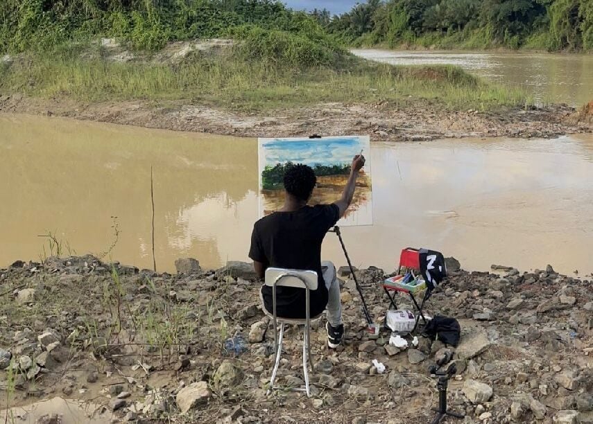 1993-1997 painting ecosystem destruction cigarette african artist Ghanaian artist Israel Derrick Apeti uses 'water art' to highlight galamsey
